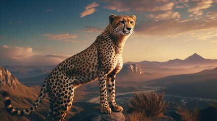A cheetah standing on top of a cliff writing his own novel