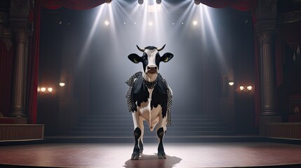A cow standing on stage and performing opera arias - obrazy, fototapety, plakaty