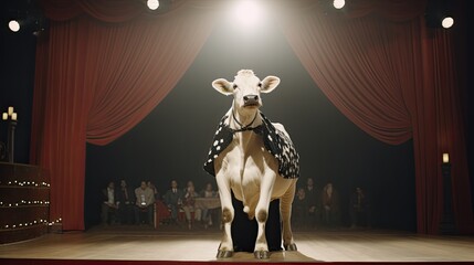 A cow standing on stage and performing opera arias - obrazy, fototapety, plakaty