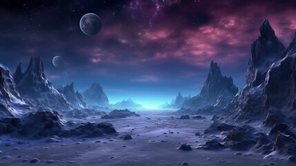 Alien planet fantasy landscape space background. Sci-fi horizontal poster. Science fiction digital raster bitmap illustration. Horizontal format wallpaper. AI artwork. - obrazy, fototapety, plakaty