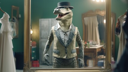 A crocodile standing in front of a mirror and trying on various fashionable outfits - obrazy, fototapety, plakaty