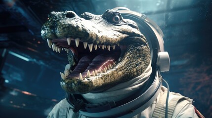 A crocodile who decided to become an astronaut and go into space - obrazy, fototapety, plakaty