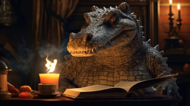 A crocodile sitting by the fireplace and reading a book by candlelight
