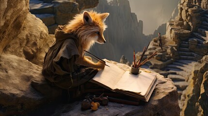 A fox sitting on top of a cliff writing her first novel
