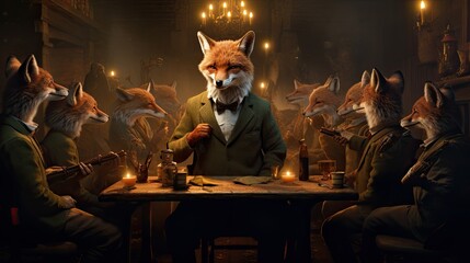 A fox hosting a literary club for other forest dwellers - obrazy, fototapety, plakaty