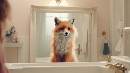 A fox standing in front of a mirror and experimenting with different hairstyles