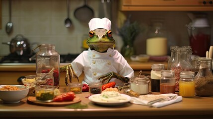 A frog hosting his own video blog about cooking insects