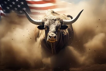 Foto op Plexiglas A large bull against the background of the American flag as a symbol of the state of Texas. Revolution or bullfight concept © Sunny