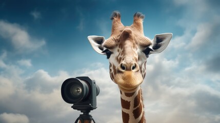 A giraffe participating in a photo shoot and posing in front of the camera