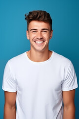 Fototapeta premium Caucasian man wearing a t-shirt on a blue background.