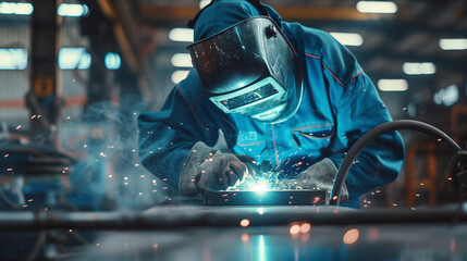 Male worker in uniform welding iron in factory.