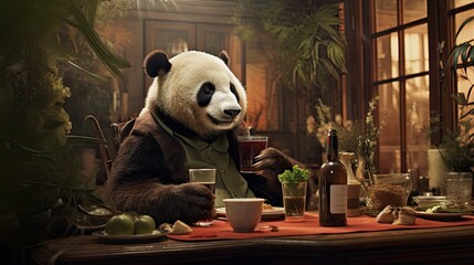 A panda hosting a bamboo tasting in his dining room - obrazy, fototapety, plakaty
