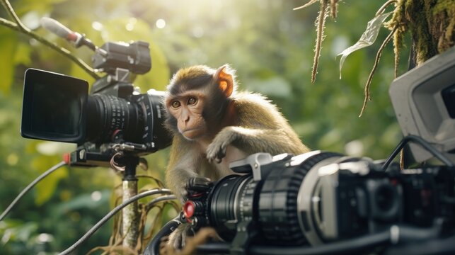A monkey creating his own jungle adventure movie