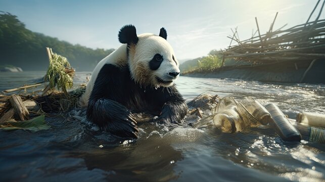 A panda participating in an environmental campaign to clean up garbage from a river