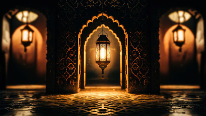 A striking photograph of an Islamic-inspired scene, featuring a dimly lit room with a single hanging lantern