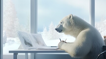 A polar bear sitting by the window and drawing portraits of his friends