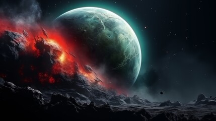 Alien planet fantasy landscape space background. Sci-fi horizontal poster. Science fiction digital...