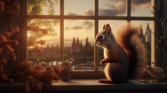 A squirrel sitting by the window lovingly watching the sunset