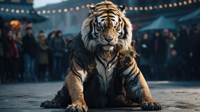 A tiger organizing his own circus act on the city streets