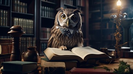 An owl spending the day in the library reading books about science and nature