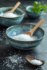 Clay ceramic bowls with himalayan kitchen white, pink and green salt. Concept of care in spa salons or ritual traditions