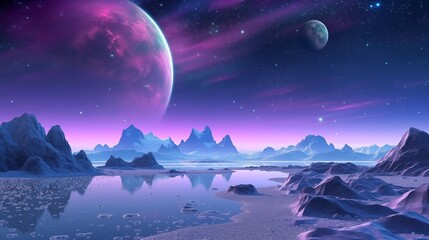 Fototapeta premium Alien planet fantasy landscape space background. Sci-fi horizontal poster. Science fiction digital raster bitmap illustration. Horizontal format wallpaper. AI artwork.