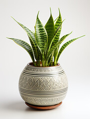 Very healthy snake plant in the beautiful modern ceramic pot. 