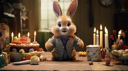 Bunny sitting at the table and celebrating his birthday with his toys - obrazy, fototapety, plakaty