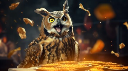An owl taking part in a game show and winning a big prize - obrazy, fototapety, plakaty