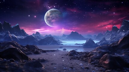 Alien planet fantasy landscape space background. Sci-fi horizontal poster. Science fiction digital raster bitmap illustration. Horizontal format wallpaper. AI artwork.