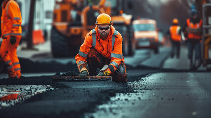 Caucasian male worker looks at camera with expression Confident in building roads in the city. - obrazy, fototapety, plakaty