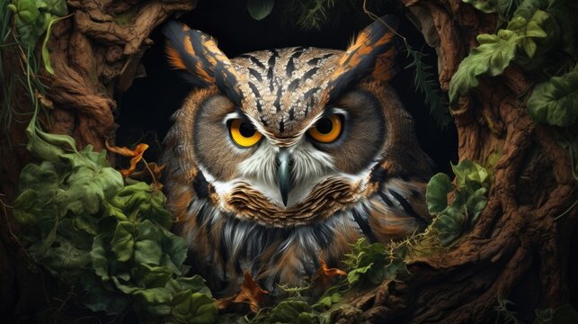 An owl painting pictures of nature in its nest