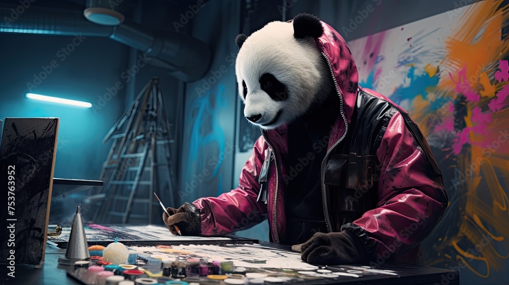 Wall mural Panda taking part in a graffiti master class - Wall murals