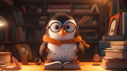 Penguin solving a crossword puzzle in a cozy library - obrazy, fototapety, plakaty