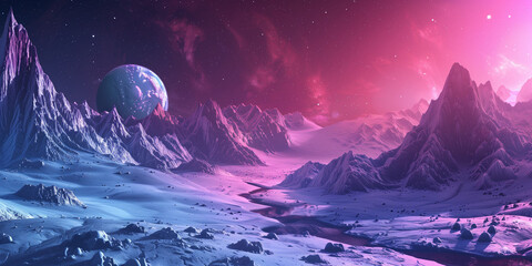 Obraz premium Alien planet fantasy landscape space background. Sci-fi horizontal poster. Science fiction digital raster bitmap illustration. Horizontal format wallpaper. AI artwork. 