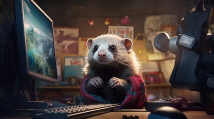 A ferret sitting at a computer desk creating his own video game - obrazy, fototapety, plakaty