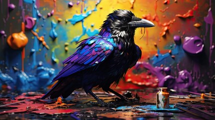 Fototapeta premium A crow collecting bright colors for artistic creation