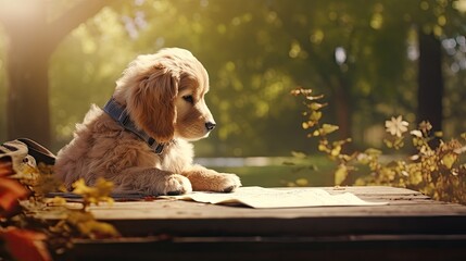 A dog sitting on a park bench and writing his diary