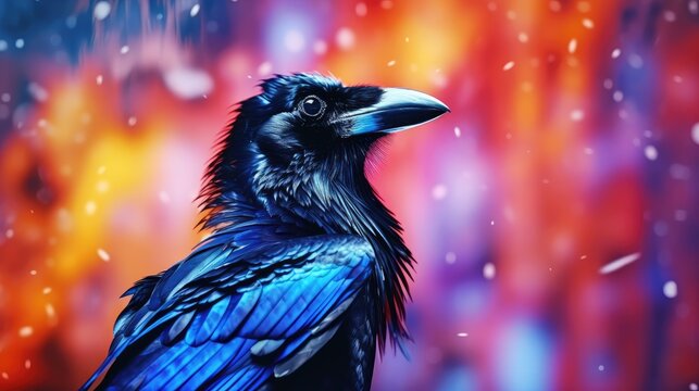 A crow collecting bright colors for artistic creation