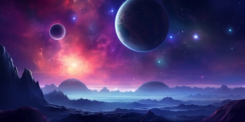 Alien planet fantasy landscape space background. Sci-fi horizontal poster. Science fiction digital raster bitmap illustration. Horizontal format wallpaper. - obrazy, fototapety, plakaty
