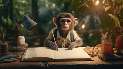 A monkey who decided to become a writer and write his own book about adventures in the jungle - obrazy, fototapety, plakaty