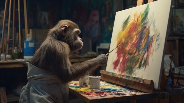 A monkey studying the art of painting and creating his own canvases