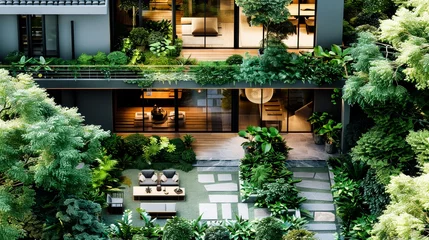 Fotobehang A new modern Chinese villa, surrounded by lush Chinese green plants. Aerial high view. Generative AI. © visoot