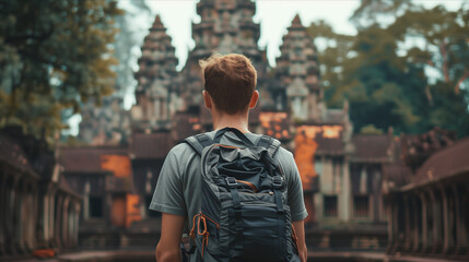 Rear view of a young man carrying a backpack to tour the temple.