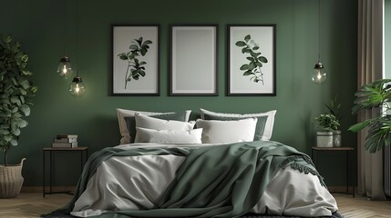 Gallery of black and white poster on green wall behind king size bed with pillows and blanket