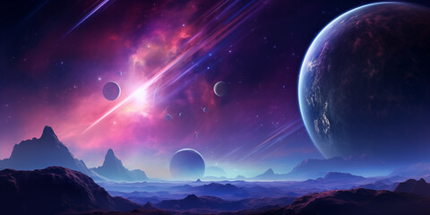 Alien planet fantasy landscape space background. Sci-fi horizontal poster. Science fiction digital raster bitmap illustration. Horizontal format wallpaper. - obrazy, fototapety, plakaty
