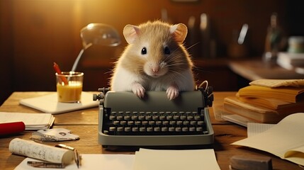 Hamster writing a letter on a small typewriter