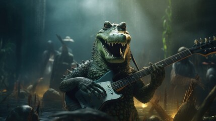 A crocodile holding his own rock concert in a swamp