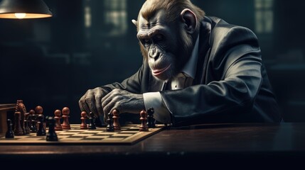 A monkey trying his hand at being a chess grandmaster