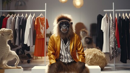 A monkey participating in a fashion show with his own designer outfits - obrazy, fototapety, plakaty